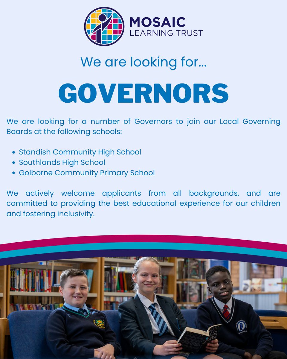We’re looking for new school governors to join our Local Governing Boards.

If you’ve got skills in HR, marketing, law, finance, or community work, your experience could help shape the future of our schools. 

For more info - buff.ly/Is4HfCU  

Deadline: 29th August