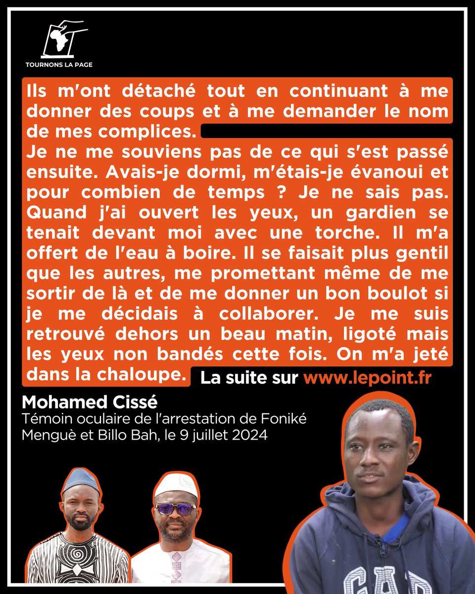 Tournons La Page (@tournonslapage) on Twitter photo #Guinée: Mohamed Cissé, témoin oculaire de l'enlèvement de <a href="/FONIKEMENGUE/">Foniké Menguè</a> (Coord. du <a href="/FNDC_Gn/">FNDC-GUINÉE</a>) et de Mamadou Billo Bah (Coord. <a href="/TlpGuinee/">Tournons La Page/Guinée</a>), raconte ce qui s'est passé, il y a exactement un an, ce 9 juillet.
Interview exclusive du journal <a href="/LePoint/">Le Point</a> à lire ➡️cutt.ly/CrUkXVV7 #Guinée: Mohamed Cissé, témoin oculaire de l'enlèvement de <a href="/FONIKEMENGUE/">Foniké Menguè</a> (Coord. du <a href="/FNDC_Gn/">FNDC-GUINÉE</a>) et de Mamadou Billo Bah (Coord. <a href="/TlpGuinee/">Tournons La Page/Guinée</a>), raconte ce qui s'est passé, il y a exactement un an, ce 9 juillet.
Interview exclusive du journal <a href="/LePoint/">Le Point</a> à lire ➡️cutt.ly/CrUkXVV7
