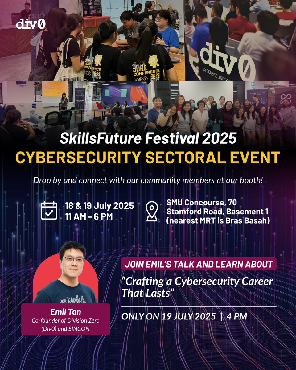 📣 Calling all cybersecurity enthusiasts and curious minds! 

Swing by Div0’s booth at SkillsFuture Fest 2025!

🎙️ Catch Emil Tan's talk on 19 July at 4PM, as he shares how to future-proof your cyber career.

📅 18–19 July | 🕚 11AM–6PM | 📍 SMU Concourse

#Div0