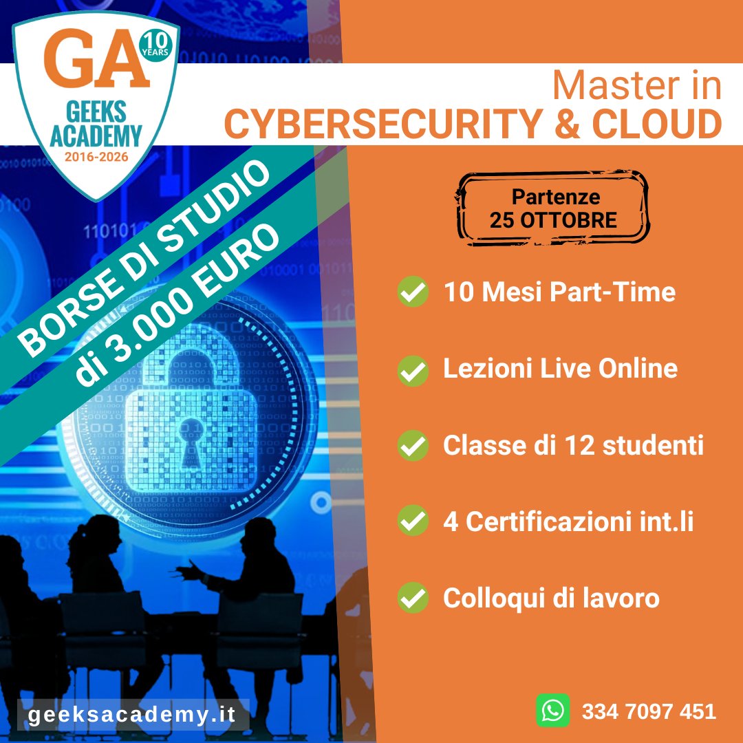 GeeksAcademyEu's tweet photo. Il Master in #Cybersecurity è il prodotto #Premium multi-specializzazione per l'eccellenza digitale che massimizza l'acquisizione di #CompetenzeTecniche e manageriali nel settore. Include il servizio di Job Placement & #CareerCoaching.#colloqui di #lavoro. 25 Ottobre 2025 https://t.co/vukwsE0p4J