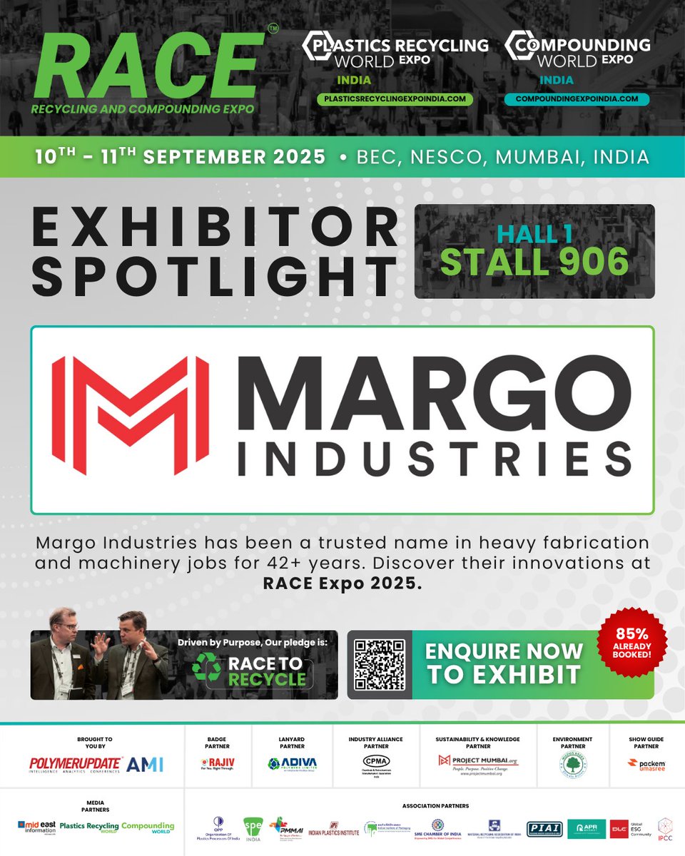 Margo Industries has been building the backbone of plastics production for over 42 years — from dosing and conveying systems to full compounding lines.

Their precision-built machinery supports manufacturers across India and beyond.

📍 Meet them at RACE: Recycling And