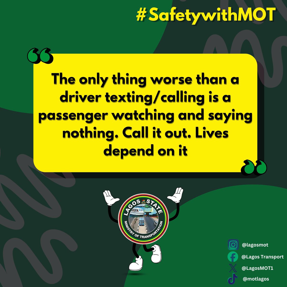 #LagosMOT
#SafetywithMOT
#SafetyFirst
#Staysafe
<a href="/seunosiyemi_/">Oluwaseun Osiyemi</a> 
<a href="/Lamataonline/">Lagos Metropolitan Area Transport Authority LAMATA</a> 
<a href="/lagosvio/">LAGOS STATE VIS</a> 
<a href="/LASPA_MOT/">LASPA</a>