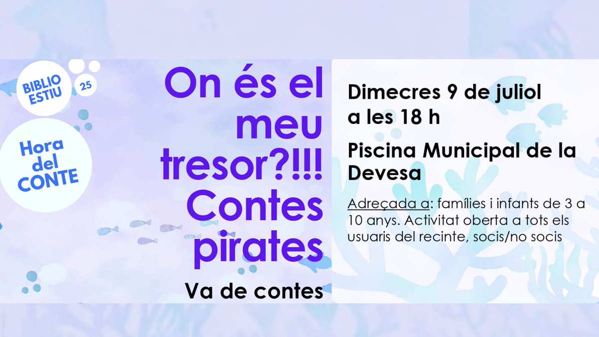 Avui hi ha contes pirates a la #Bibliopiscina de la Devesa. Sembla que han perdut el seu tresor...🏴‍☠️🦜
📅Dimecres, 9 de juliol
🕟18 h.
#Biblioestiu2025