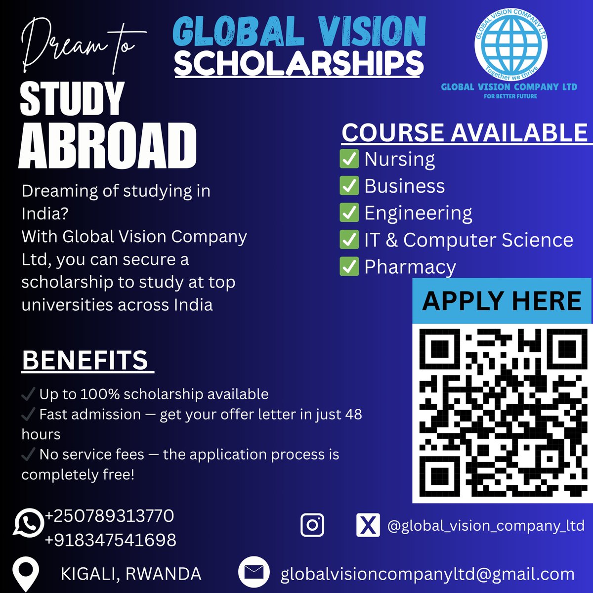 GLOBAL VISION COMPANY LTD (@global_vision_c) on Twitter photo Apply here: forms.gle/q1gFueRCmRN26W…
Contact us: +250789313770 / +918347541698
Email: globalvisioncompanyltd@gmail.com Apply here: forms.gle/q1gFueRCmRN26W…
Contact us: +250789313770 / +918347541698
Email: globalvisioncompanyltd@gmail.com