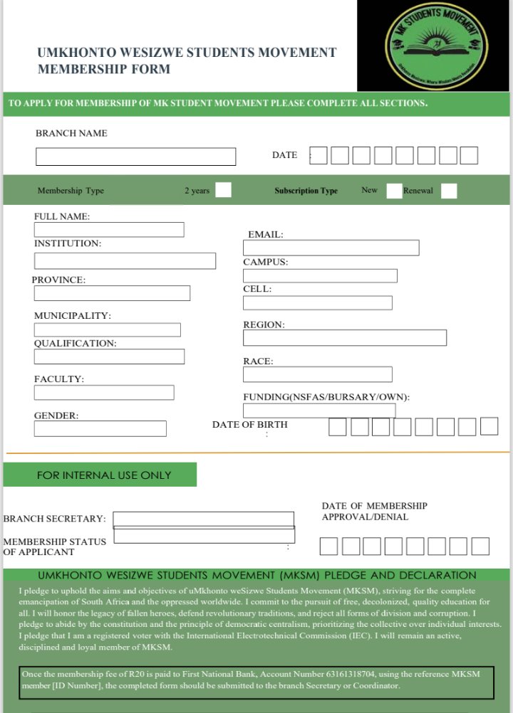 checkmate_rsa's tweet image. Nazo🔥🔥🔥
MKSM membership form is officially out, and the work of building the basic unit of our organisation begins...🟩⬛🟨