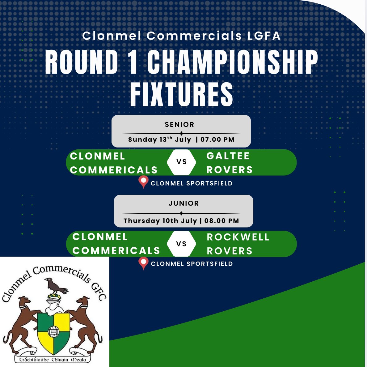 It’s CHAMPIONSHIP week ⚽️ 
Get down to the Sportsfield this Thursday and Sunday evening for Round 1 of the @tipperarylgfa championship for our Juniors and Seniors home games 💚💛