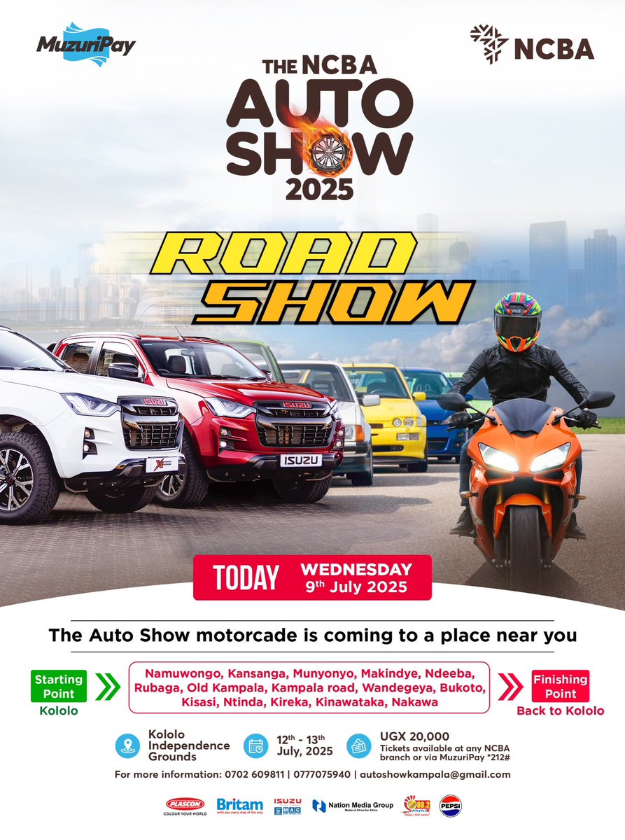 AutoShowKampala (@autoshowkampala) on Twitter photo HAPPENING NOW: The motorcade is coming to a place near you. Spot it, take a photo and post it here to win a ticket to the #autoshowkla2025. <a href="/NCBAUganda/">NCBA Bank Uganda</a> <a href="/PlasconUganda/">Plascon Uganda</a> <a href="/BritamUganda/">Britam Uganda</a> <a href="/IsuzuUganda/">ISUZU Uganda</a> <a href="/ntvuganda/">NTV UGANDA</a> <a href="/DailyMonitor/">Daily Monitor</a> <a href="/882SanyuFM/">88.2 Sanyu FM</a> <a href="/PepsiUganda/">Pepsi Uganda</a> HAPPENING NOW: The motorcade is coming to a place near you. Spot it, take a photo and post it here to win a ticket to the #autoshowkla2025. <a href="/NCBAUganda/">NCBA Bank Uganda</a> <a href="/PlasconUganda/">Plascon Uganda</a> <a href="/BritamUganda/">Britam Uganda</a> <a href="/IsuzuUganda/">ISUZU Uganda</a> <a href="/ntvuganda/">NTV UGANDA</a> <a href="/DailyMonitor/">Daily Monitor</a> <a href="/882SanyuFM/">88.2 Sanyu FM</a> <a href="/PepsiUganda/">Pepsi Uganda</a>