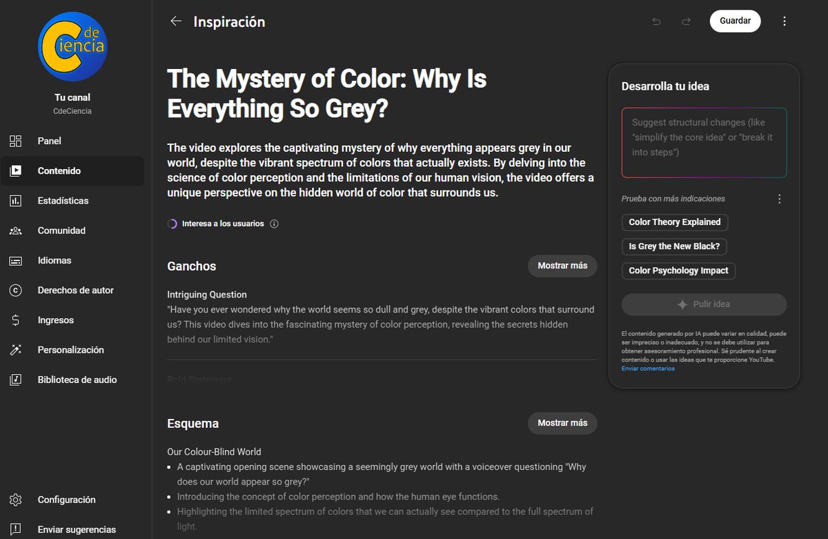 YouTube acaba de lanzar la herramienta "Inspiración":

La IA te genera: Temática del vídeo, ganchos, esquema del guion, miniatura y títulos llamativos.

En pocos meses/años, hará el vídeo directamente. Y el youtuber desaparecerá. De hecho, ya está ocurriendo. ¿Quizá coexistan?