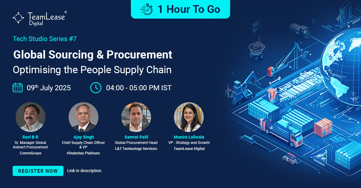 TeamLeaseDGT's tweet image. ⏳ 1 Hour to Go!

Global Sourcing &amp;amp; Procurement: Optimising the People Supply Chain  

4:00 PM – 5:00 PM

Last chance to register: shorturl.at/oH0tb 
Don't miss it.   

#1HourToGo #TeamLeaseDigital #TechStudioSeries #ProcurementLeadership #PeopleSupplyChain #WebinarAlert