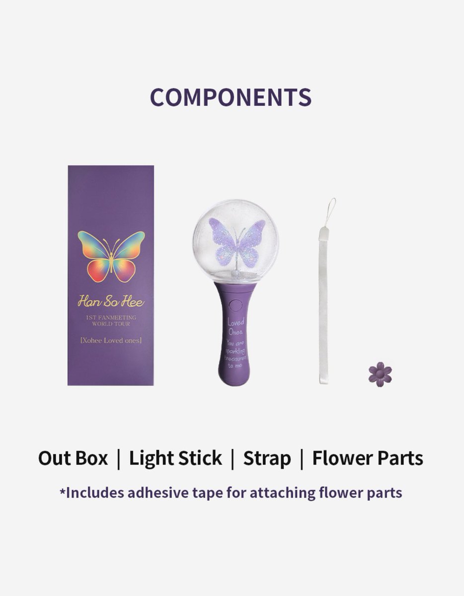 adoring_sohee's tweet photo. Han Sohee official light stick is out!!! 😍😍😍

Guys, it’s so pretty!!! Everything is just so, so pretty!!!
The outer box, the butterfly, the handle, the flower (I’m guessing it’s her favorite, myosotis/forget-me-not). It all looks so high quality! 🦋🌸

And SoSaMo is getting this while we’re celebrating her 8th debut anniversary…lucky number 8! I love it so much!!! 🥹💗

I’m so proud of our Sohee. I keep reading over and over again that line, “This is the official light stick for actress Han So Hee.” 🥹🥹🥹 Wow! It finally feels like we’re a complete fandom now! 😆🤣

Btw, I believe the light stick will be available in all 13 cities, not just Bangkok and Tokyo. Fans probably just need to wait for the official announcements.

Unfortunately, there’s no shipping option. I guess it’s to avoid potential damage or returns.

Also, each purchase comes with one random unreleased selfie photocard as a special gift!!!!! 🥰🥳👏🏻👏🏻👏🏻

And one more thing to keep in mind. This is something really important. For those who purchased the light stick, PLEASE BRING YOUR OWN AAA BATTERIES TO THE FAN MEETING. Otherwise, the whole venue won’t light up with this beautiful butterfly light stick! 😅