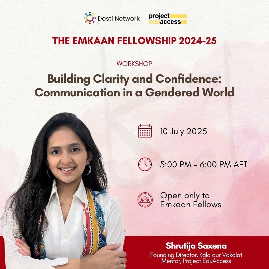 Project EduAccess (@projeduaccess) on Twitter photo We are pleased to organise a workshop on ‘Building Clarity and Confidence: Communication in a Gendered World’ with Shrutija Saxena, as part of the Emkaan Fellowship.
<a href="/SaxenaShrutija/">Shrutija Saxena</a> is the Founding Director of Kala aur Vakalat. We are pleased to organise a workshop on ‘Building Clarity and Confidence: Communication in a Gendered World’ with Shrutija Saxena, as part of the Emkaan Fellowship.
<a href="/SaxenaShrutija/">Shrutija Saxena</a> is the Founding Director of Kala aur Vakalat.