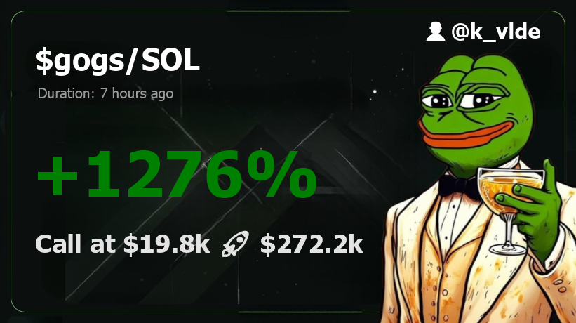k_vlde's tweet image. 📣💯🚨 catwifgogs | $gogs - REWRITING THE RULES!
B13ZCbbvAR8f8uF4rv627CYKfLzub6tzHusynAMsVTuE
#gogs 13.8x  💹 $19.8k  🏆  $272.2k and HOLDERS RIDING! 💎🙌
🤑 ALERTS at: t.me/MemesDontLies/…
#SolanaDeFi #Solana #AlphaAlert