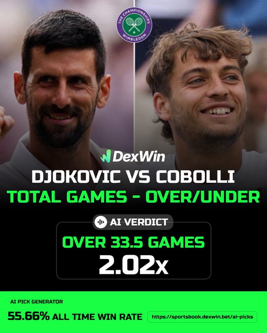 Wimbledon 🏴󠁧󠁢󠁥󠁮󠁧󠁿 Tennis Betting Predictions, Tennis Betting Lines & Wimbledon 2025 Tennis Betting Odds Today 🎾 

Novak Djokovic vs Flavio Cobolli - Over 33.5 Total Games @  2.02 ✅ 

Follow @dexwin.bet for the best Tennis betting odds, Tennis betting picks and Tennis predictions today 🎾