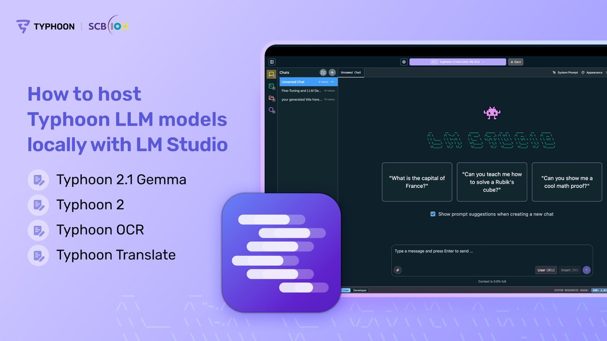 SCB10X_OFFICIAL's tweet image. Run powerful Typhoon AI models offline on your own machine 💻
.
Head over to this guide on LM Studio, a program with an easy setup, to run open-source AI models like Typhoon on your own computer! It supports Typhoon 2.1, Gemma, Typhoon 2, Typhoon Translate and local API hosting…