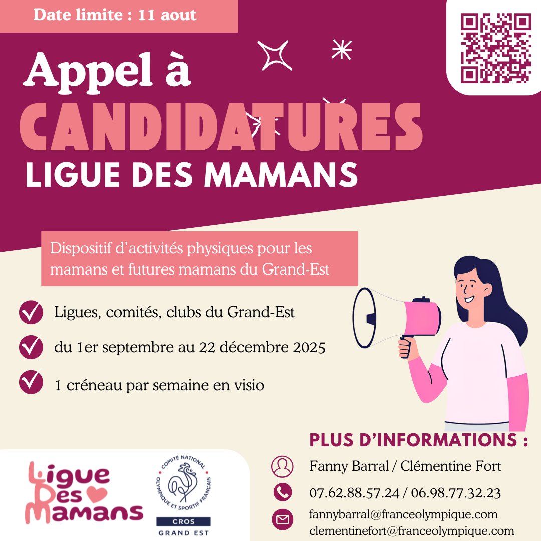 🎉 Le 5e appel à candidatures de la Ligue des Mamans est lancé !
📲 Animez 1h/sem en visio pour futures/jeunes mamans du #GrandEst !
📅 8 sept - 22 déc 2025
📌 Candidature avant le 11 août
📝 fr.surveymonkey.com/r/3PD6TD3
#SportSanté