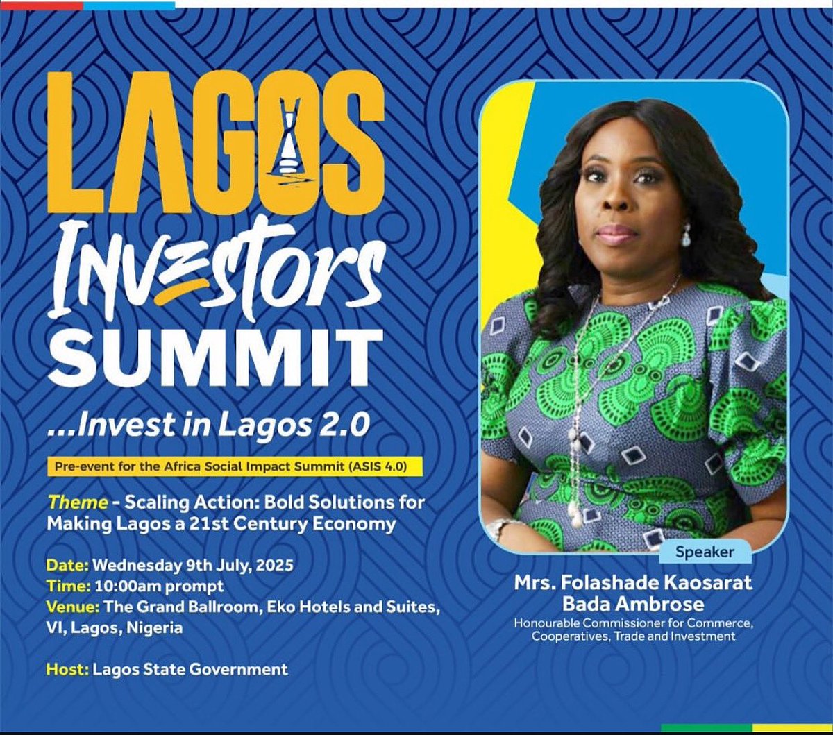 FolaAmbrose's tweet photo. The Lagos Investors Summit 2.0 begins today!

This morning, we officially commence the Lagos Investment Summit 2.0 — a bold platform to unlock strategic investments, catalyse partnerships, and accelerate Lagos State’s transformation into a 21st-century economy. https://t.co/Kmm2fBwKFf