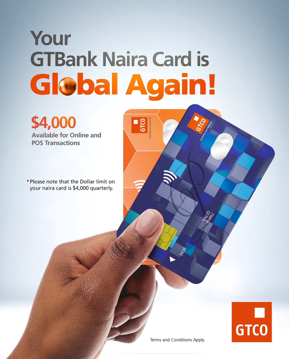 gtbank's tweet photo. Your GTBank Naira Card is Global Again. 

Spend anywhere in the World with your GTBank Naira Card. 

You now have $4000 available for Online and POS Transactions. 

T&amp;Cs apply. https://t.co/REgN9fYHKE