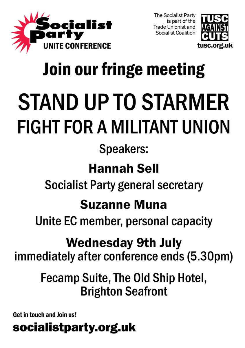 Socialist_party's tweet image. Stand up to Starmer
Fight for a militant union
Socialist Party meeting at #Unite Policy Conference in #Brighton @unitetheunion
#UnitePolicyConference25