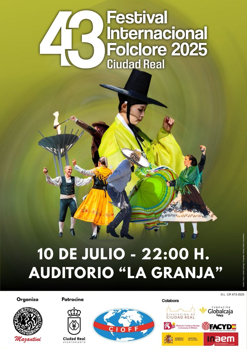 43•FESTIVAL INTERNACIONAL DE FOLCLORE🌏❤️

📅 10 Julio
🕙 22:00h
Auditorio “La Granja” Ciudad Real.

¡Ven a disfrutar de los colores, sonidos, tradiciones y las diferentes culturas! 💚😁