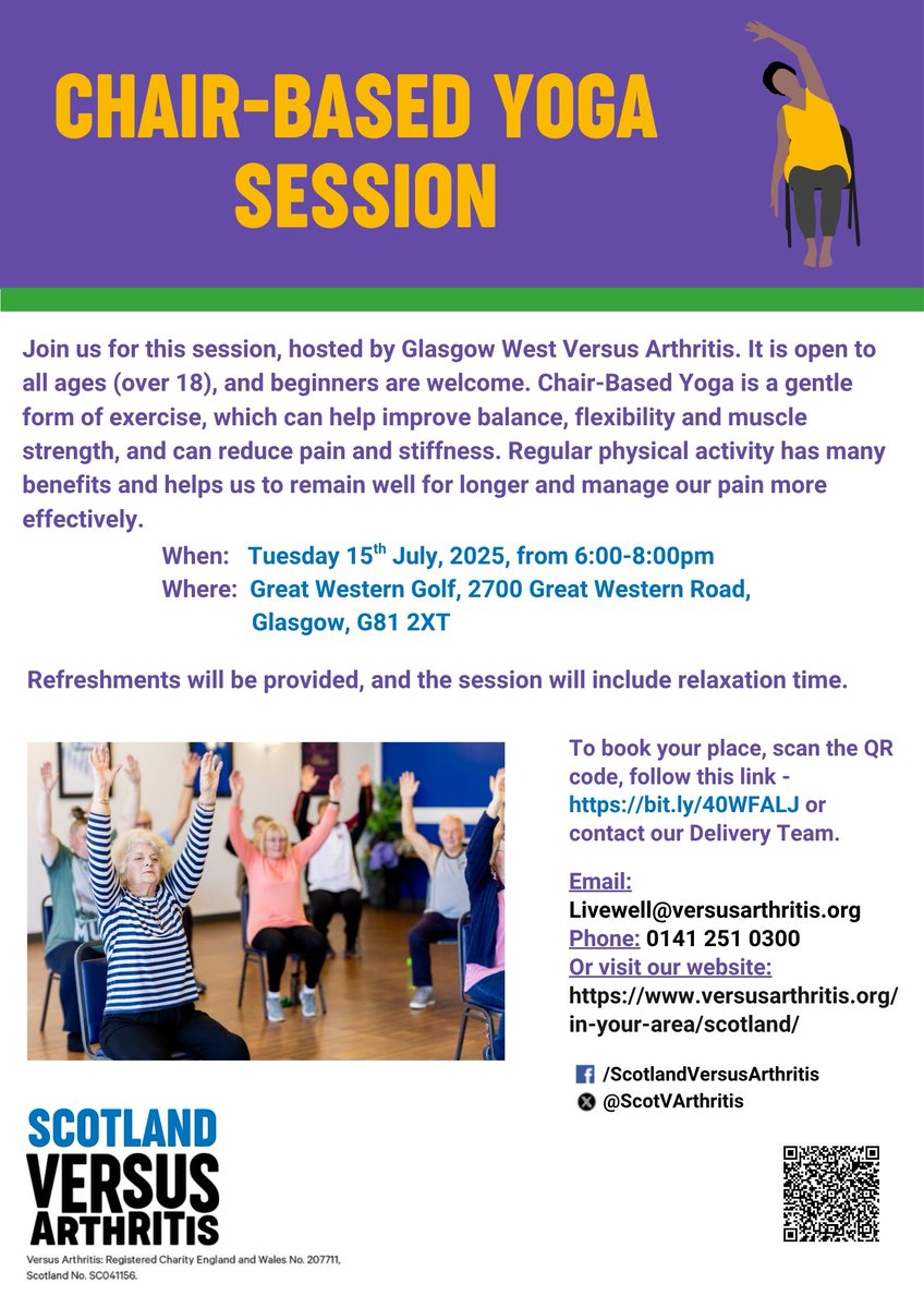 📢Next week: Glasgow West Community Network will be hosting a Chair-Based Yoga taster session.
🧘 Join us to try out this gentle form of exercise, and find out more about support with Living Well with your Long-term Condition.
📝 Register here to attend: bit.ly/40WFALJ