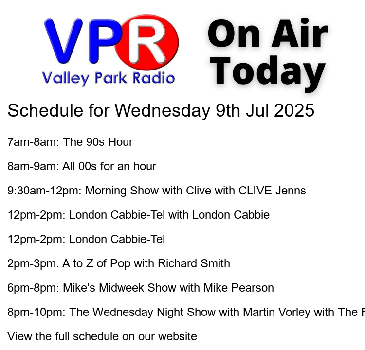 📻 #OnAir today:
🕖 7am: One hour of back to back hits from the 90s.
🕗 8am: All 00s for an hour
🕤 9:30am: Morning Show with Clive with Morning Show 9.30-12 weekdays
Sponsored by 

🕛 12pm: L...

#HospitalRadio #OnAir #ListenLocal #ValleyParkRadio

bit.ly/vprweb