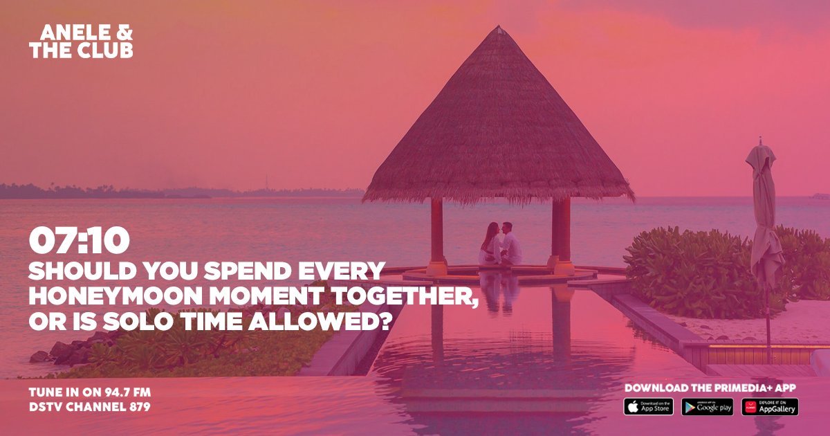 Honeymoon = couple time 24/7, or is a little “me time” okay? What’s the key to honeymoon bliss? What’s your take? Call 011 88 38 947 or WhatsApp 084 00 00 947. Let’s talk love on #AneleAndTheClubOn947!