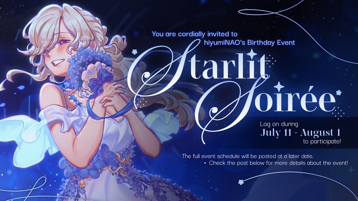 「  💫 ▸▸ ᴇᴠᴇɴᴛ ɴᴏᴛɪᴄᴇ.  」

Come celebrate my birthday and new job with me!

ꜱᴛᴀʀʟɪᴛ ꜱᴏɪʀᴇᴇ ⸺ .✦ ⋮ July 11 - August 1
twitch.tv/hiyuminao

💬 ⋮ Check the replies for donothon info!
#ENVTuber #VTuber
⠀