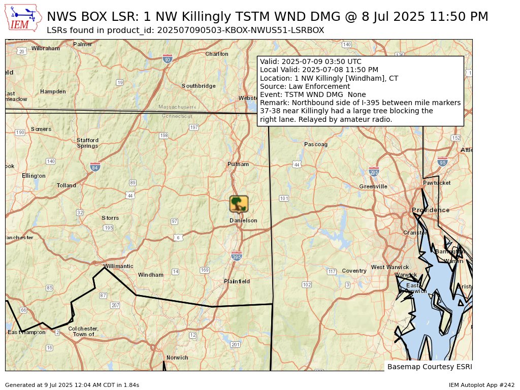 At 11:50 PM EDT, 1 NW Killingly [Windham Co, CT] Law Enforcement reports Tstm Wnd Dmg. Northbound side of I-395 between mile markers 37-38 near Killingly had a large tree blocking the right lane. Relayed by amateur radio. #ctwx mesonet.agron.iastate.edu/lsr/?by=wfo&wf…
