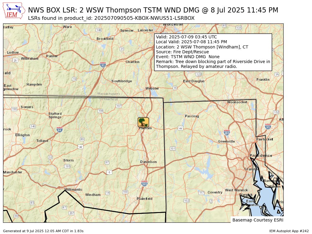 At 11:45 PM EDT, 2 WSW Thompson [Windham Co, CT] Fire Dept/Rescue reports Tstm Wnd Dmg. Tree down blocking part of Riverside Drive in Thompson. Relayed by amateur radio. #ctwx mesonet.agron.iastate.edu/lsr/?by=wfo&wf…