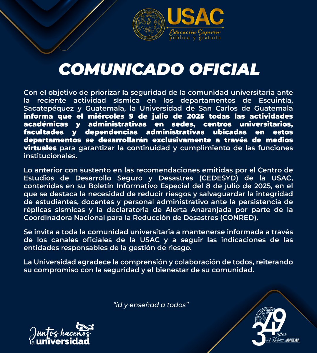 📢 COMUNICADO OFICIAL | USAC
La Universidad de San Carlos de Guatemala comparte con su comunidad importante información relacionada con medidas preventivas ante la reciente actividad sísmica en el país.
✅ Mantente informado a través de los canales oficiales de la USAC.
👉
