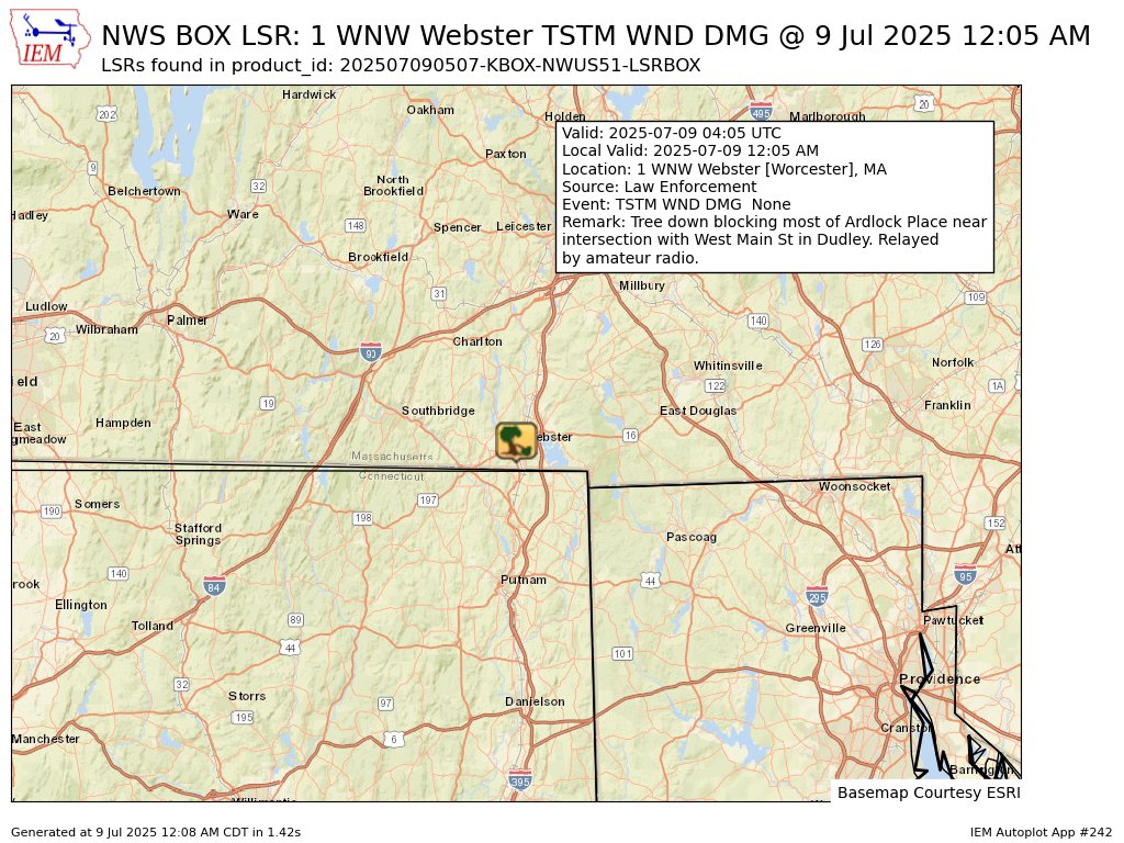At 12:05 AM EDT, 1 WNW Webster [Worcester Co, MA] Law Enforcement reports Tstm Wnd Dmg. Tree down blocking most of Ardlock Place near intersection with West Main St in Dudley. Relayed by amateur radio. #mawx mesonet.agron.iastate.edu/lsr/?by=wfo&wf…