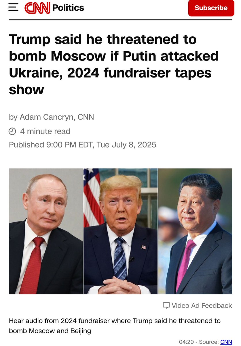 🇨🇳🇷🇺🇺🇸
🔻Trump dijo que amenazó con bombardear Moscú si Putin atacaba Ucrania, según muestran las grabaciones de la recaudación de fondos de 2024. Hizo las mismas amenazas a Xi Jinping si China atacaba Taiwán.