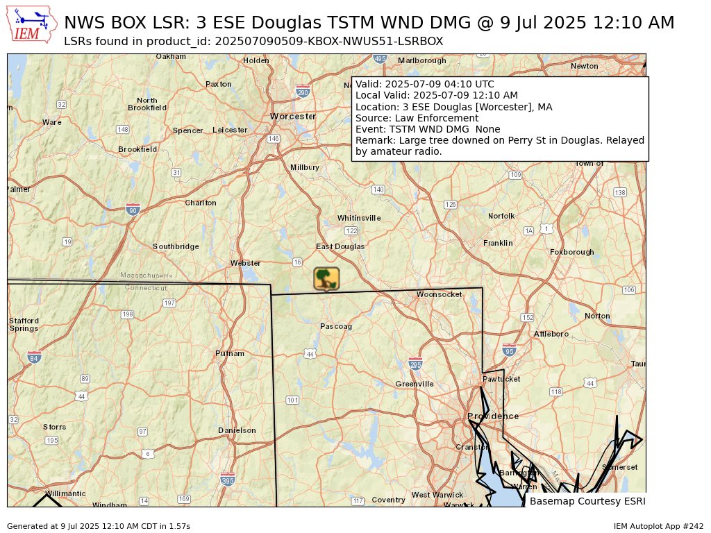 At 12:10 AM EDT, 3 ESE Douglas [Worcester Co, MA] Law Enforcement reports Tstm Wnd Dmg. Large tree downed on Perry St in Douglas. Relayed by amateur radio. #mawx mesonet.agron.iastate.edu/lsr/?by=wfo&wf…