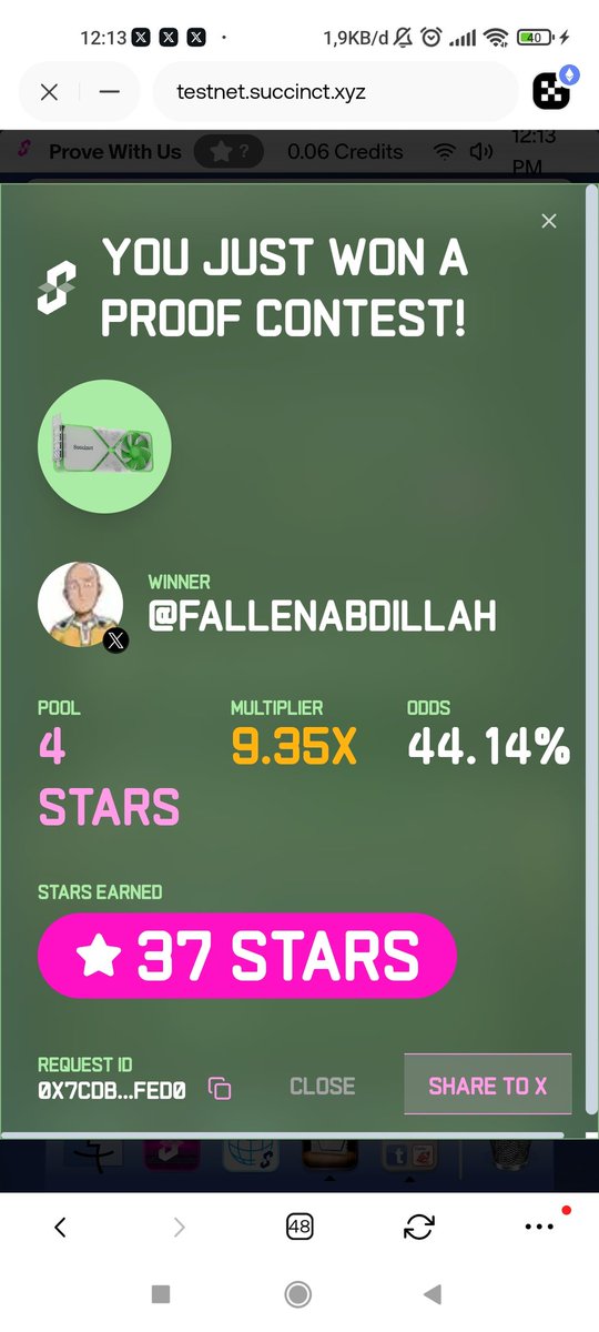 Gprove !
I just won 37 stars in the Succinct Stage 2 Proof Contest! Prove with us <a href="/SuccinctLabs/">Succinct</a> #ProveWithUs