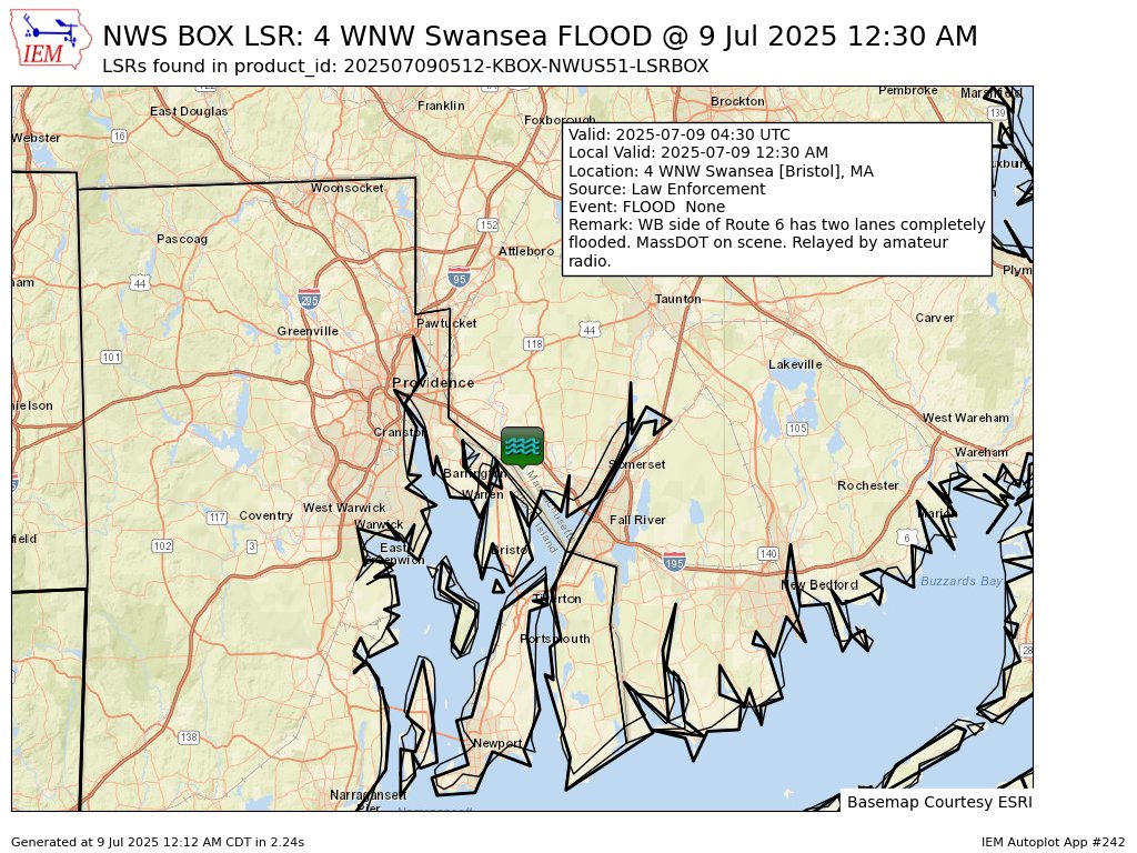 At 12:30 AM EDT, 4 WNW Swansea [Bristol Co, MA] Law Enforcement reports Flood. WB side of Route 6 has two lanes completely flooded. MassDOT on scene. Relayed by amateur radio. #mawx mesonet.agron.iastate.edu/lsr/?by=wfo&wf…