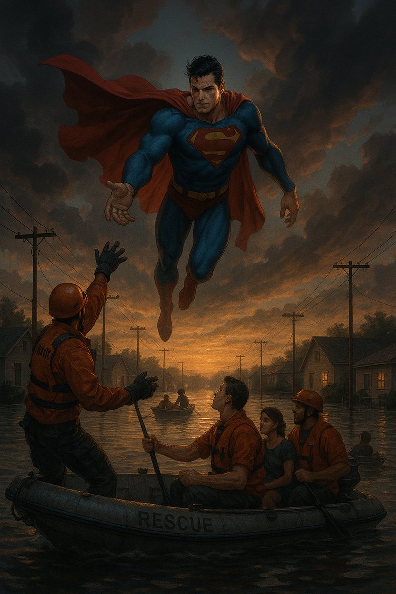 AiTools101's tweet photo. Sometimes, the real Superman is a neighbor with a truck, a firefighter with no sleep, or a stranger with a boat. 💙 #TexasFloods #NewMexicoFloods #RealHeroes #Superman https://t.co/CRvwG2yNYX