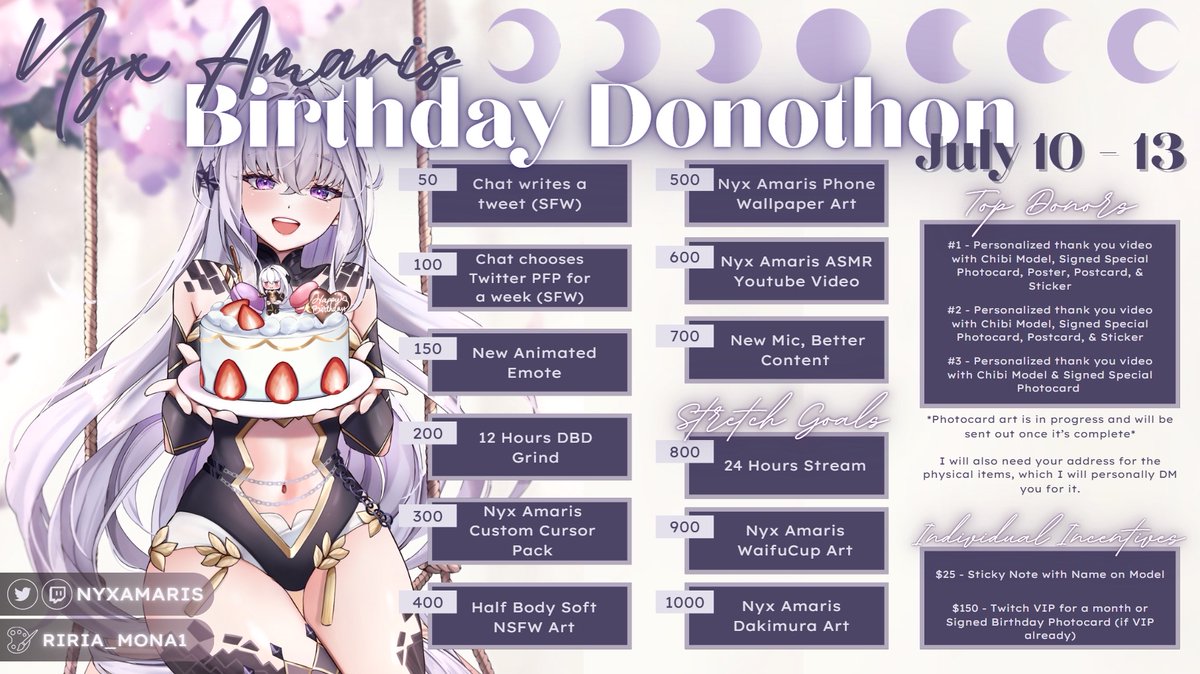 🟇 To celebrate my birthday, I will be having a Donothon 🟇

Here are the goals, stretch goals, and incentives!   

Any kind of support is appreciated but please do not feel like you are obligated to 💜

Looking forward to hanging out with you all 💜
