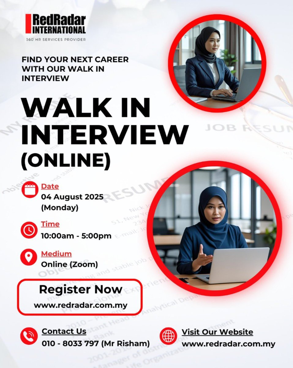 RedRadarInt's tweet image. 🔥 WALK-IN INTERVIEW ONLINE — OGOS 2025 🔥
📅 4 Ogos | ⏰ 10 pagi – 5 ptg | 💻 Zoom
📍 Zon Utara &amp;amp; Pantai Timur
📄 Bawa resume
📝 Daftar: forms.gle/5MithXjuGUfLxK…
📞 Tanya En. Risham: wa.link/4vb1bd
#JobAlert #Kerjaya2025 #InterviewOnline
