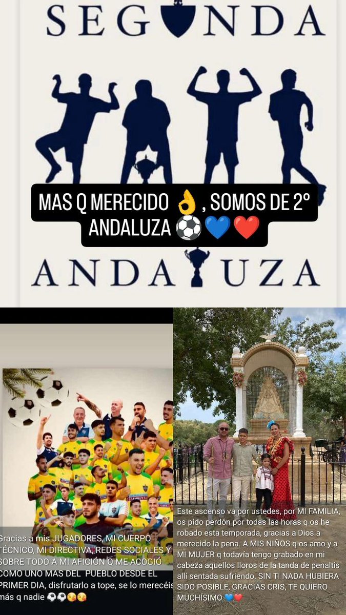 Quiero dedicárselo a todos los entrenadores q le echamos tantas horas y no siempre se cumplen los objetivos. SOMOS UNOS VALIENTES. A mí está vez me tocó la cara bonita del fútbol, pero no siempre fue ni será así.
A disfrutarlo <a href="/aznalcazarCd/">CdAznalcazaroficial</a> con la afición y con el pueblo ❤️💙