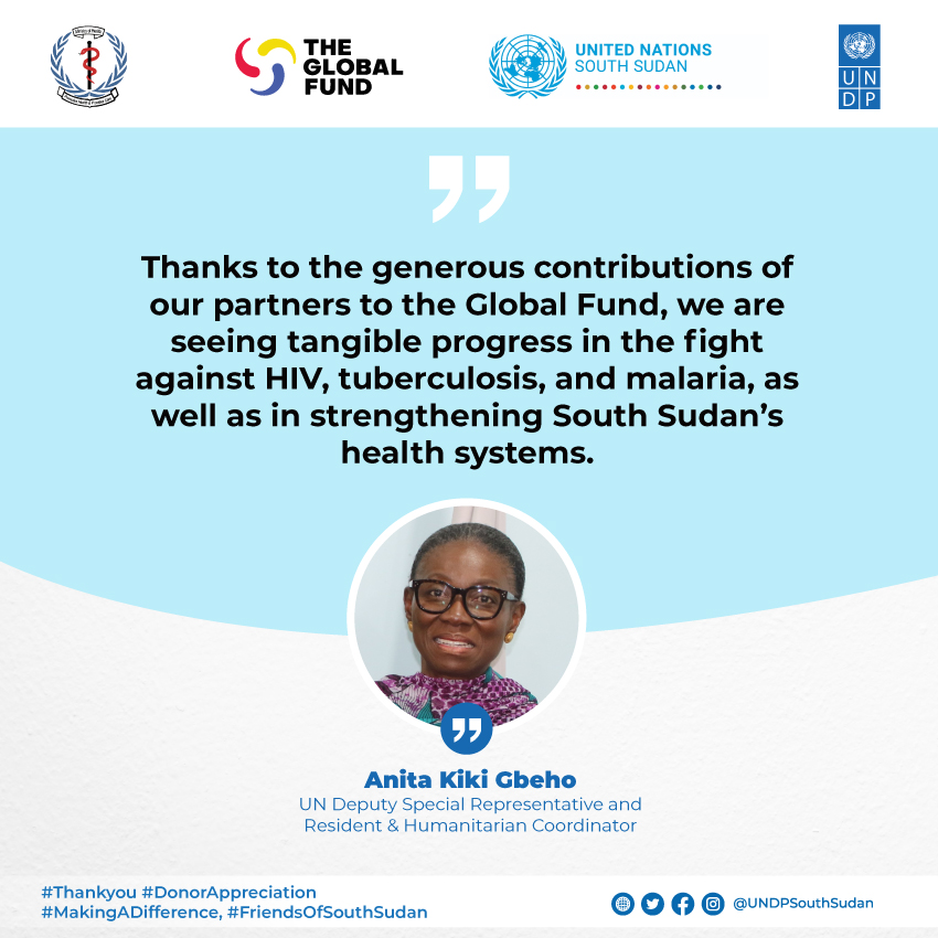 UNDP South Sudan (@undpsouthsudan) on Twitter photo Thanks to the generous contributions of our partners to <a href="/GlobalFund/">The Global Fund</a>, we are seeing real progress in the fight against HIV, Tuberculosis, and Malaria, as well as in strengthening #SouthSudan’s health systems – said DSRSG/RC/HC <a href="/Kikigbeho/">Kiki Gbeho</a> at a recent donor engagement event <a href="/UNDP/">UN Development</a> Thanks to the generous contributions of our partners to <a href="/GlobalFund/">The Global Fund</a>, we are seeing real progress in the fight against HIV, Tuberculosis, and Malaria, as well as in strengthening #SouthSudan’s health systems – said DSRSG/RC/HC <a href="/Kikigbeho/">Kiki Gbeho</a> at a recent donor engagement event <a href="/UNDP/">UN Development</a>