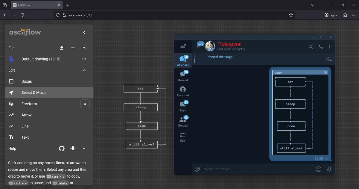 juldut's tweet photo. ASCIIFlow - Infinite ASCII diagrams
tools untuk membuat flow chart

karena menggunakan font monospace, jadi bisa copy-paste ke messenger apps yang support font monospace seperti @telegram 

https://t.co/R6rAM9Q9wD

#AplikasiGratis #AplikasiBagus https://t.co/sptqSNnJf2