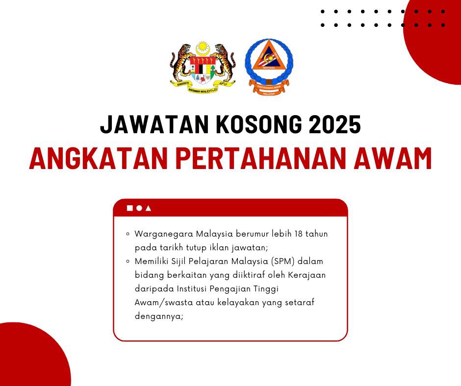 JAWATAN KOSONG DALAM ANGKATAN PERTAHANAN AWAM TAHUN 2025: SPM LAYAK MEMOHON

📍 Cara Memohon👇
berikerja.com.my/jawatan-kosong…

📌 Belum ada resume untuk mohon kerja? Dapatkan disini ⤵️
bit.ly/resumeats

📌 Lebih 10,000 jawatan kosong 🔽
bit.ly/JawatanKosongMY