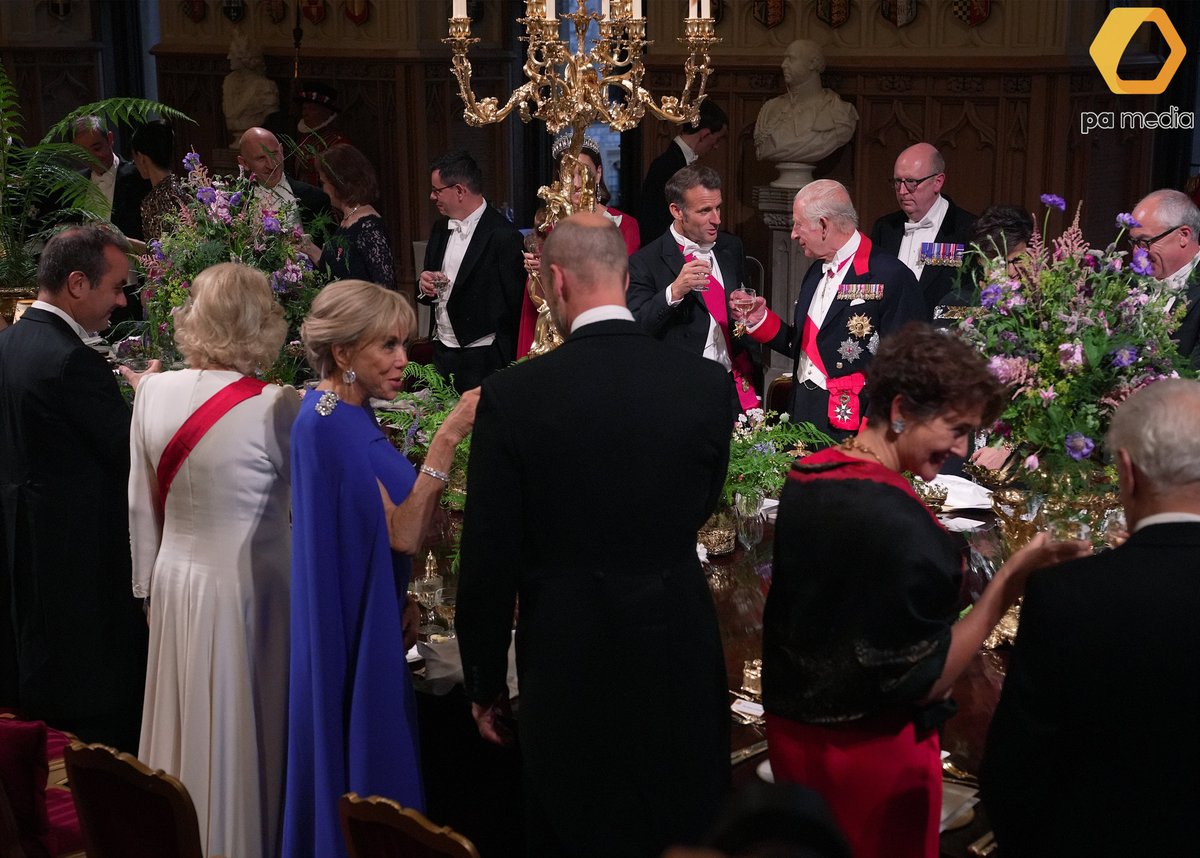 King Charles III, alongside the Queen and the Prince and Princess of Wales, during a State Banquet for President of France Emmanuel Macron and his wife Brigitte Macron, at Windsor Castle, Berkshire, on day one of the French President's state visit to the UK. #Royal #StateVisit