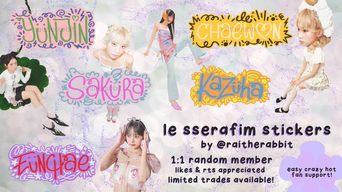 RaiTheRabbit's tweet photo. easy crazy hot mnl 
fan support by @raitherabbit ! 

waterproof name stickers 🫧 25+ pcs per member✨

🐰follow + like + rt appreciated🐰
1:1 random member 💌 dm for trades! 

p.s. colors NOT final, depends on print quality
#EASY_CRAZY_HOT_IN_MANILA 
#EASY_CRAZY_HOT #LE_SSERAFIM https://t.co/pVYDvPVwEY