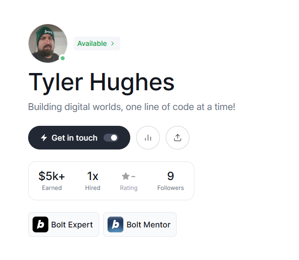 CodeWithTylerX's tweet image. I'm now officially a Bolt Expert & Mentor. Need help with your Bolt projects? Check my Contra profile: contra.com/codewithtyler. I won't build for you, but I'm happy to consult to improve your Bolt skills and experience.