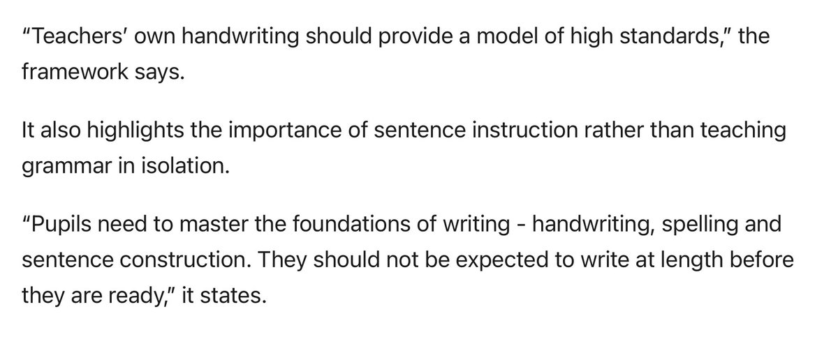 👀Teachers told to improve their handwriting👀

New Writing Framework takes aim at teachers' handwriting in push for higher standards. 

Isolated grammar teaching and prepping for tests also panned in this framework which clearly sees SATS as unhelpful.

tes.com/magazine/news/…