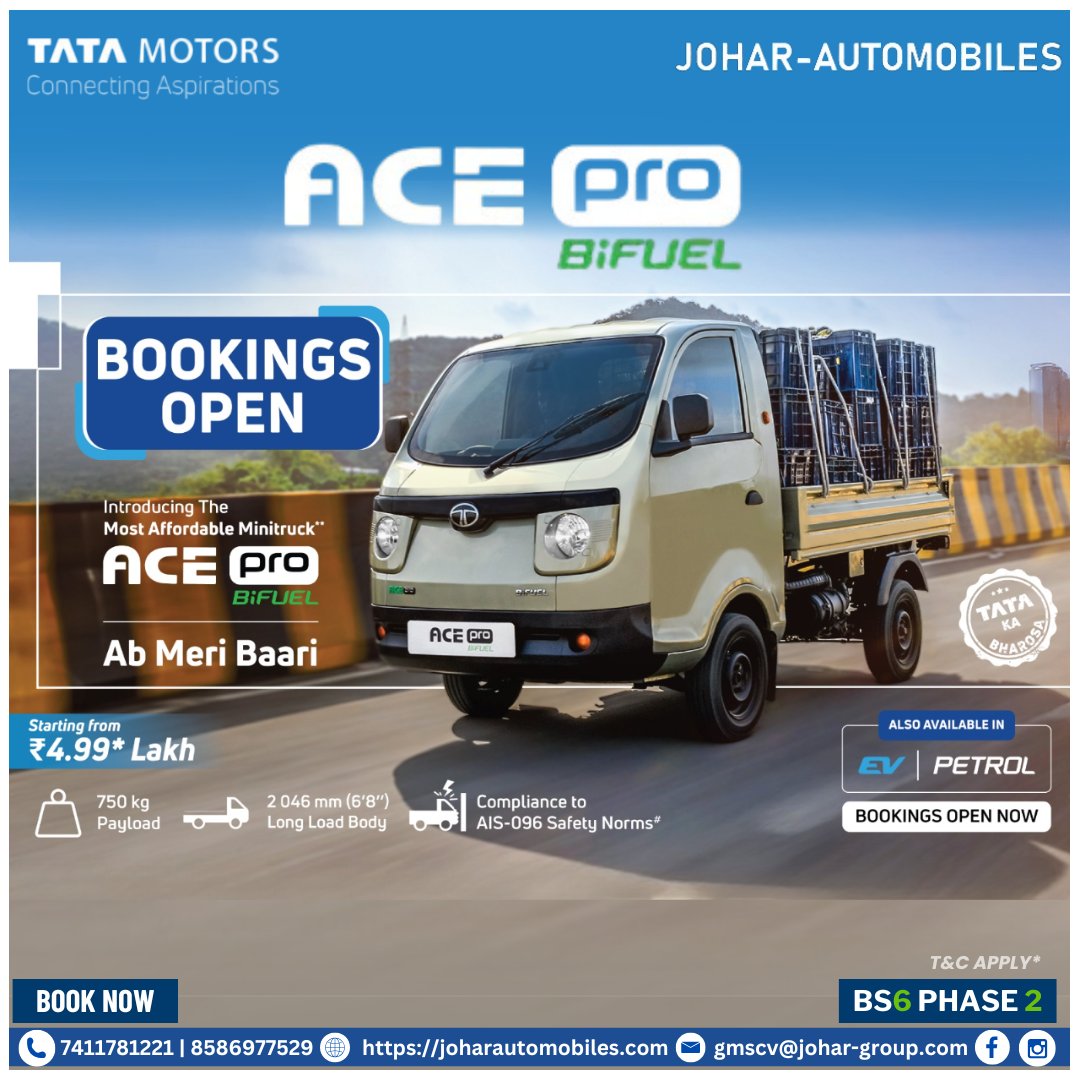 johartatamotors's tweet photo. It's time to fulfill your dreams and soar. Your turn to progress and start your own business has arrived.
अधिक जानकारी और गाड़ी बुक करने के लिए तुरंत संपर्क कीजिए जौहर ऑटोमोबाइल्स । -:📞+918586977535
#joharautomobiles #DeshKeTrucks #TataMotors #ACEProBiFuel #ACEProPetrol https://t.co/xxV4akrlBV