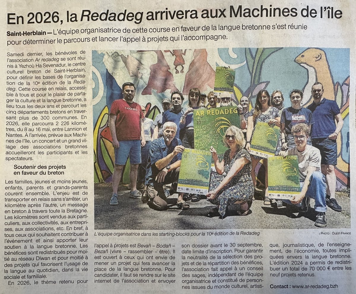 #Naoned / #Nantes   
"En 2026, la Redadeg arrivera aux Machines de l'Île"

Ouest-France — 07/07/25
•
#LangueBretonne #BZHG #Brezhoneg #Breton

<a href="/naoned2026/">#NAONED2026</a>