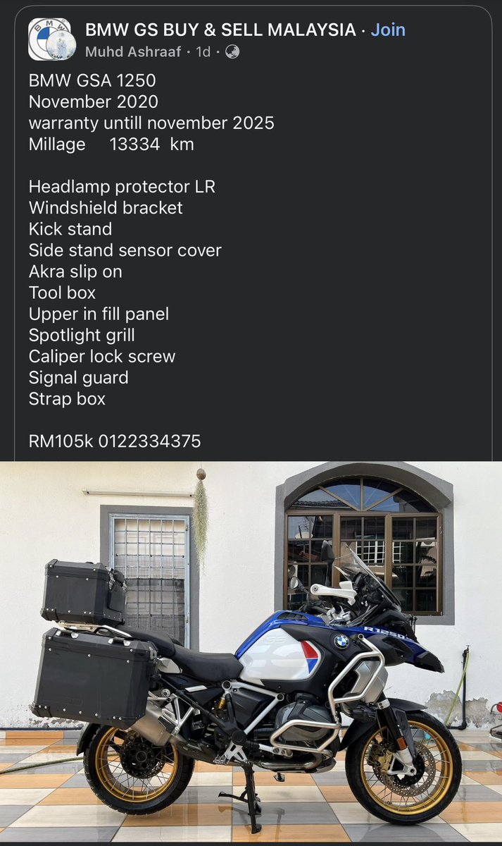 Anicachacha's tweet photo. Hi, my cousin ada nak jual BMW GSA 1250. Kalau ada sesiapa berminat boleh contact me thru ig then i give my cousin number. https://t.co/vJax25ivs3