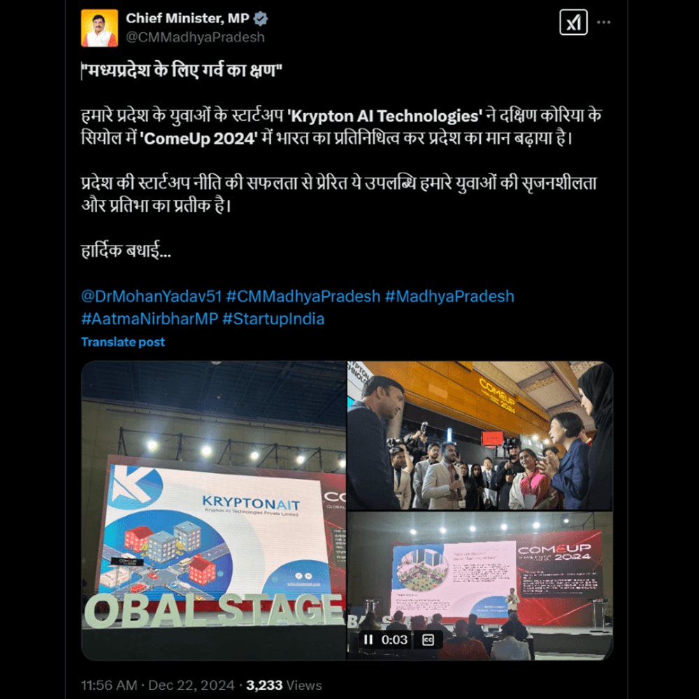 krypton_ai_tech's tweet image. 🙏 Honored to receive appreciation from Hon’ble CM Dr. Mohan Yadav Ji for our innovations at Krypton AI Technologies.
His support fuels our mission to build AI-driven solutions for governance, safety &amp;amp; infrastructure.
#DrMohanYadav #KryptonAITech #StartupIndia #MPStartup